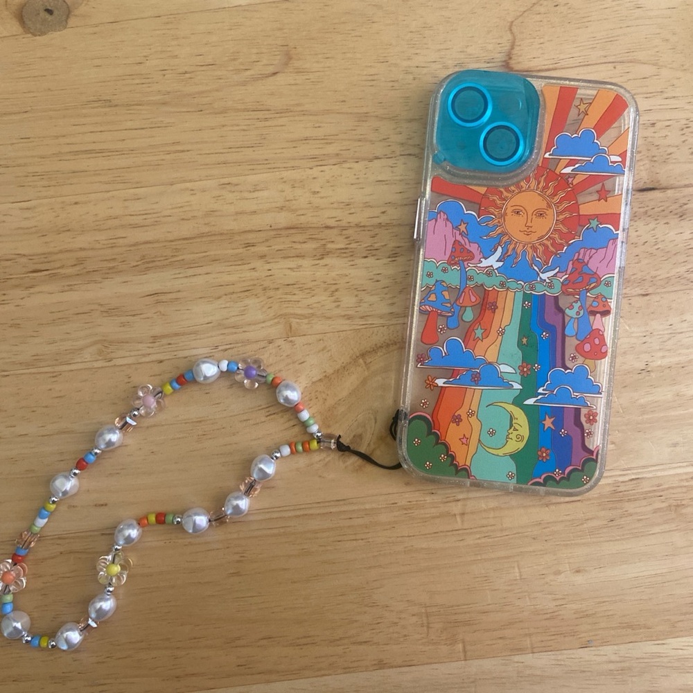 Colorful Sun and Rainbow Phone Case with Beaded Strap